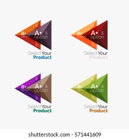 Set of triangle geometric business infographic templates. Elements of business brochure, info presentation background and web design navigation. Select your product concept, make a choice idea