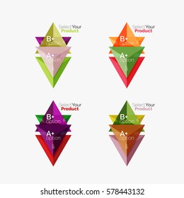 Set of triangle geometric business infographic templates. Elements of business brochure, info presentation background and web design navigation. Select your product concept, make a choice idea