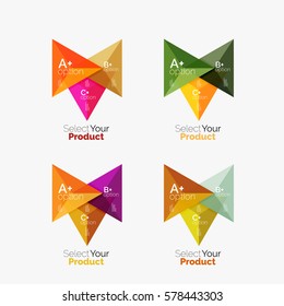 Set of triangle geometric business infographic templates. Elements of business brochure, info presentation background and web design navigation. Select your product concept, make a choice idea