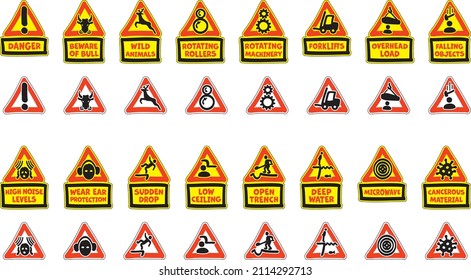 Set of Triangle Hazard Warning Signs 3 - With text boxes or isolated icons - Non official - Cartoon Calligraphic Handwritten Style