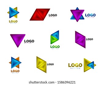 Set of triangle icon geometric logo templates. Minimal geometrical designs, 3d geometric bold symbols in relief style with color blend steps effect. Vector Illustrations For Button, Banner, Background