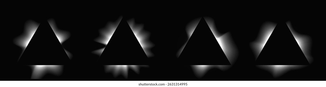 Set of triangle illuminate frames with gradient. Four white neon banners isolated on black background. Vector illustration