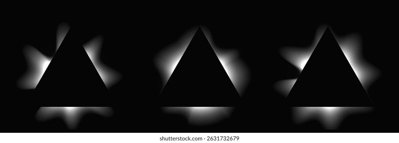 Conjunto de quadros de iluminação de triângulo com gradiente. Três faixas de néon branco isoladas sobre fundo preto. Ilustração vetorial