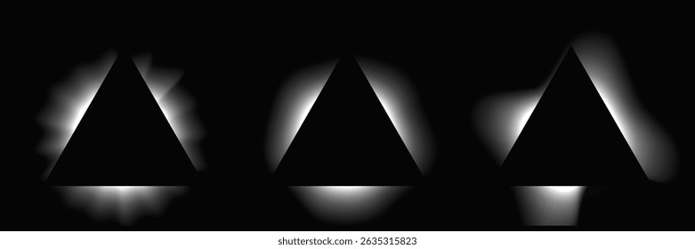 Set of triangle illuminate frames with gradient. Three white neon banners isolated on black background. Vector illustration