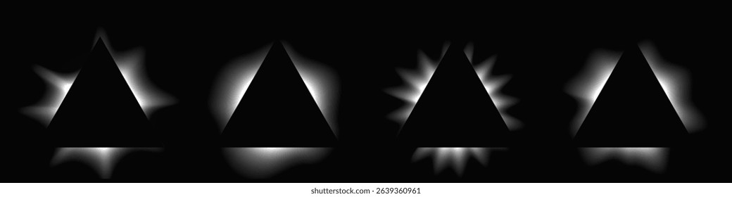 Set of triangle illuminate frames with gradient. Four white neon banners isolated on black background. Vector illustration