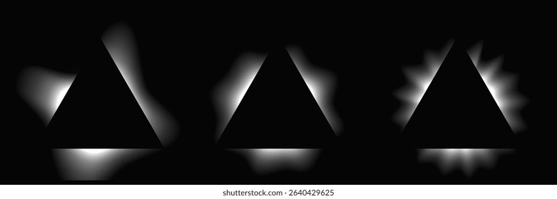 Set of triangle illuminate frames with gradient. Three white neon banners isolated on black background. Vector illustration