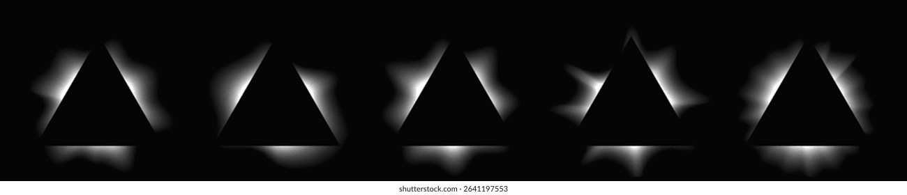 Set of triangle illuminate frames with gradient. Five white neon banners isolated on black background. Vector illustration