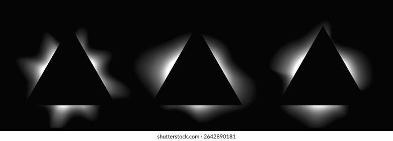 Conjunto de quadros de iluminação de triângulo com gradiente. Três faixas de néon branco isoladas sobre fundo preto. Ilustração vetorial