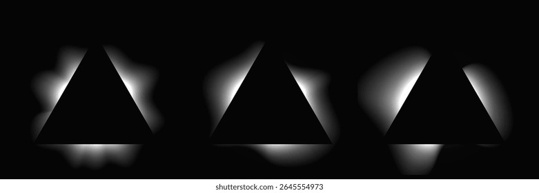 Conjunto de quadros de iluminação de triângulo com gradiente. Três faixas de néon branco isoladas sobre fundo preto. Ilustração vetorial