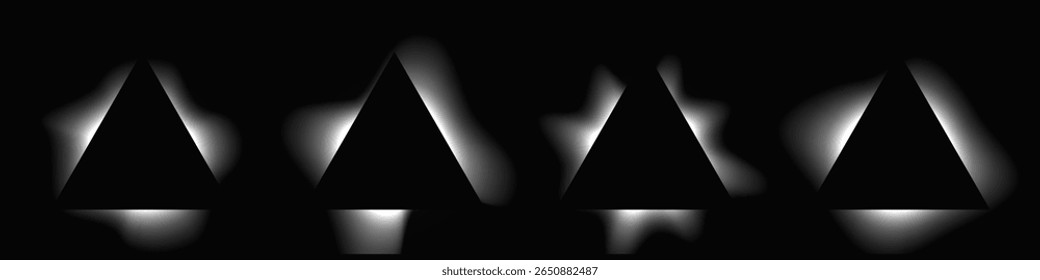 Conjunto de quadros de iluminação de triângulo com gradiente. Quatro faixas de néon branco isoladas sobre fundo preto. Ilustração vetorial