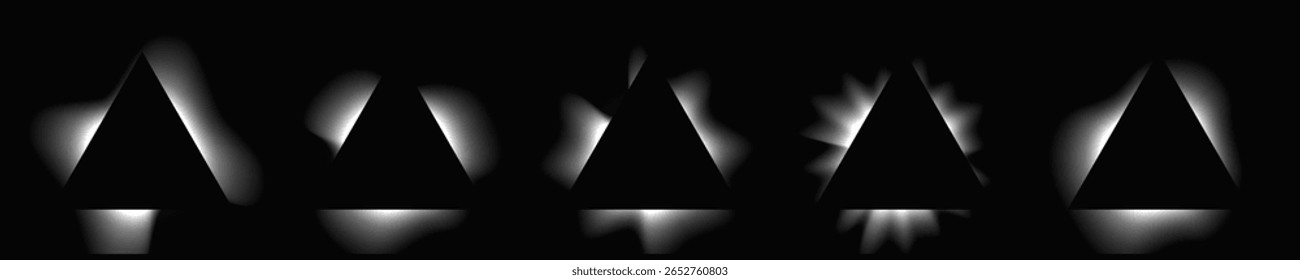 Conjunto de quadros de iluminação de triângulo com gradiente. Cinco bandeiras de neon brancas isoladas sobre fundo preto. Ilustração vetorial