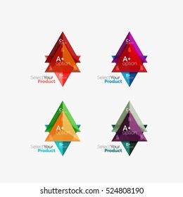 Conjunto de diseños triangulares con texto y opciones. Elementos del folleto comercial, antecedentes de presentación infográfica y plantilla de navegación de diseño web. Seleccione su concepto de producto, elija una idea