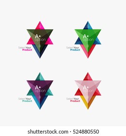 Set of triangle layouts with text and options. Elements of business brochure, infographic presentation background and web design navigation template. Select your product concept, make a choice idea