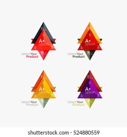 Set of triangle layouts with text and options. Elements of business brochure, infographic presentation background and web design navigation template. Select your product concept, make a choice idea