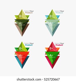Set of triangle layouts with text and options. Elements of business brochure, infographic presentation background and web design navigation template. Select your product concept, make a choice idea