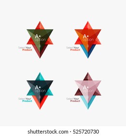 Set of triangle layouts with text and options. Elements of business brochure, infographic presentation background and web design navigation template. Select your product concept, make a choice idea