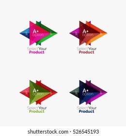 Set of triangle layouts with text and options. Elements of business brochure, infographic presentation background and web design navigation template. Select your product concept, make a choice idea
