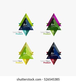 Set of triangle layouts with text and options. Elements of business brochure, infographic presentation background and web design navigation template. Select your product concept, make a choice idea