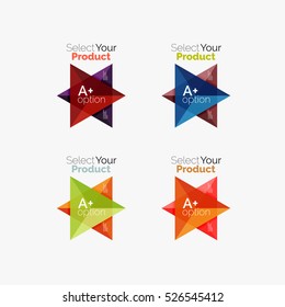 Set of triangle layouts with text and options. Elements of business brochure, infographic presentation background and web design navigation template. Select your product concept, make a choice idea