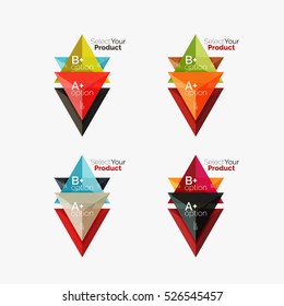 Set of triangle layouts with text and options. Elements of business brochure, infographic presentation background and web design navigation template. Select your product concept, make a choice idea