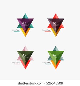 Set of triangle layouts with text and options. Elements of business brochure, infographic presentation background and web design navigation template. Select your product concept, make a choice idea