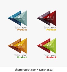 Set of triangle layouts with text and options. Elements of business brochure, infographic presentation background and web design navigation template. Select your product concept, make a choice idea