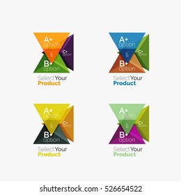 Set of triangle layouts with text and options. Elements of business brochure, infographic presentation background and web design navigation template. Select your product concept, make a choice idea