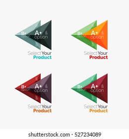 Satz von Dreieckslayouts mit Text und Optionen. Elemente der Geschäftsbroschüre, Infografik-Präsentationshintergrund und Webdesign-Navigationsvorlage. Wählen Sie Ihr Produktkonzept aus und treffen Sie eine Auswahl