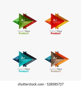 Set of triangle layouts with text and options. Elements of business brochure, infographic presentation background and web design navigation template. Select your product concept, make a choice idea