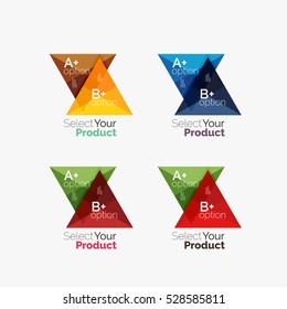Set of triangle layouts with text and options. Elements of business brochure, infographic presentation background and web design navigation template. Select your product concept, make a choice idea