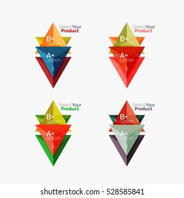 Set of triangle layouts with text and options. Elements of business brochure, infographic presentation background and web design navigation template. Select your product concept, make a choice idea