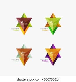 Set of triangle layouts with text and options. Elements of business brochure, infographic presentation background and web design navigation template. Select your product concept, make a choice idea