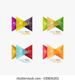 Set of triangle layouts with text and options. Elements of business brochure, infographic presentation background and web design navigation template. Select your product concept, make a choice idea