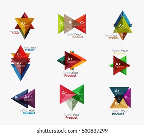 Set of triangle layouts with text and options. Elements of business brochure, infographic presentation background and web design navigation template. Select your product concept, make a choice idea