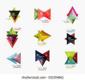 Set of triangle layouts with text and options. Elements of business brochure, infographic presentation background and web design navigation template. Select your product concept, make a choice idea