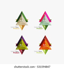 Set of triangle layouts with text and options. Elements of business brochure, infographic presentation background and web design navigation template. Select your product concept, make a choice idea