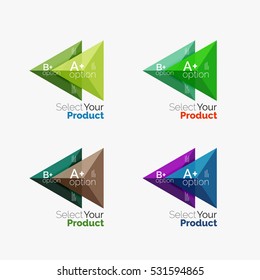 Set of triangle layouts with text and options. Elements of business brochure, infographic presentation background and web design navigation template. Select your product concept, make a choice idea