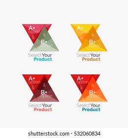 Set of triangle layouts with text and options. Elements of business brochure, infographic presentation background and web design navigation template. Select your product concept, make a choice idea