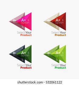 Set of triangle layouts with text and options. Elements of business brochure, infographic presentation background and web design navigation template. Select your product concept, make a choice idea