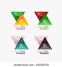 Set of triangle layouts with text and options. Elements of business brochure, infographic presentation background and web design navigation template. Select your product concept, make a choice idea