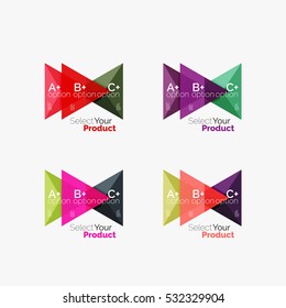 Set of triangle layouts with text and options. Elements of business brochure, infographic presentation background and web design navigation template. Select your product concept, make a choice idea