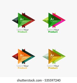 Conjunto de layouts triangulares com texto e opções. Elementos de brochura de negócios, fundo de apresentação infográfica e modelo de navegação de design da web. Selecione o conceito do seu produto, faça uma escolha