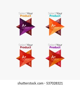 Set of triangle layouts with text and options. Elements of business brochure, infographic presentation background and web design navigation template. Select your product concept, make a choice idea