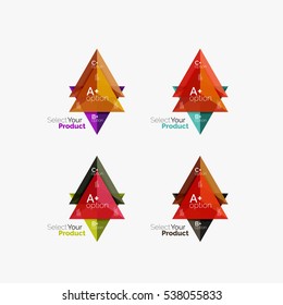 Set of triangle layouts with text and options. Elements of business brochure, infographic presentation background and web design navigation template. Select your product concept, make a choice idea