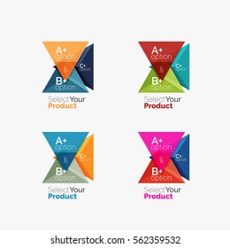 Set of triangle layouts with text and options. Elements of business brochure, infographic presentation background and web design navigation template. Select your product concept, make a choice idea