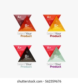 Set of triangle layouts with text and options. Elements of business brochure, infographic presentation background and web design navigation template. Select your product concept, make a choice idea