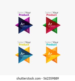 Conjunto de diseños triangulares con texto y opciones. Elementos del folleto comercial, antecedentes de presentación infográfica y plantilla de navegación de diseño web. Seleccione su concepto de producto, elija una idea