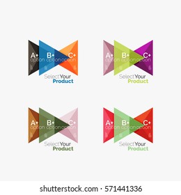 Set of triangle layouts with text and options. Elements of business brochure, infographic presentation background and web design navigation template. Select your product concept, make a choice idea