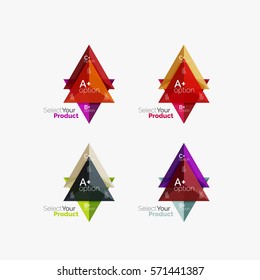 Set of triangle layouts with text and options. Elements of business brochure, infographic presentation background and web design navigation template. Select your product concept, make a choice idea