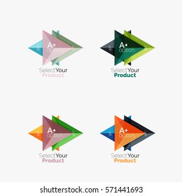 Set of triangle layouts with text and options. Elements of business brochure, infographic presentation background and web design navigation template. Select your product concept, make a choice idea